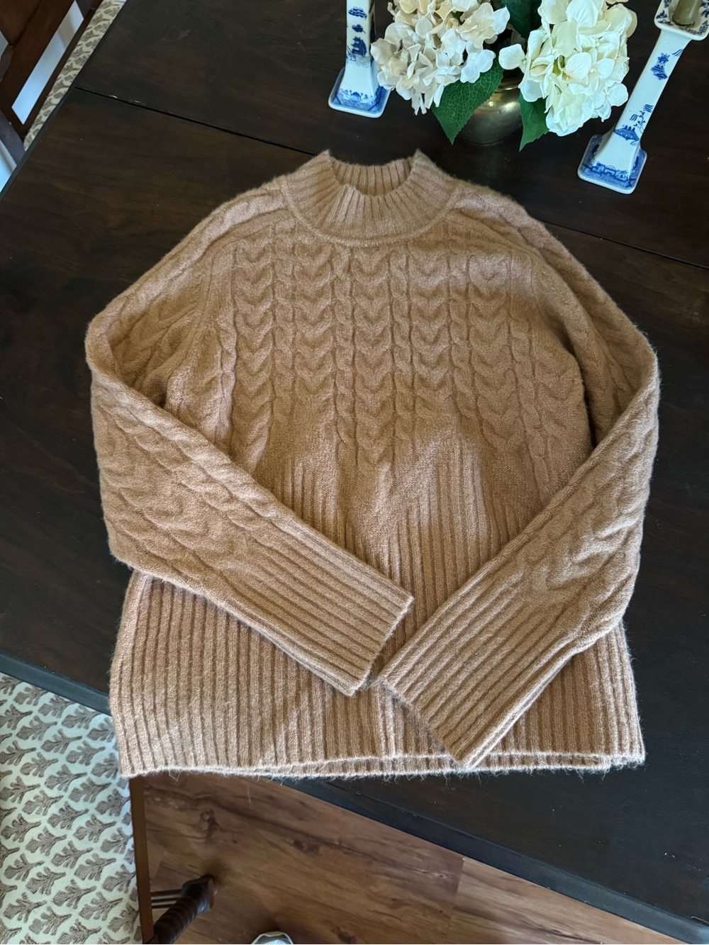 Calvin Klein Cable-Knit Turtleneck Sweater in Camel